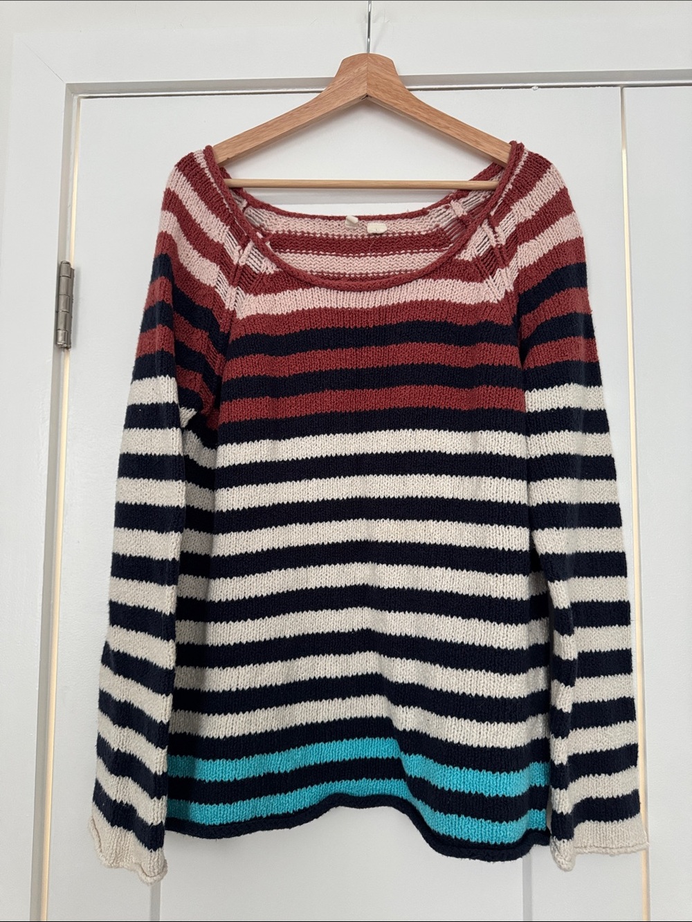 Moth Striped Scoop-Neck Sweater in Cream, Navy, Rust & Teal